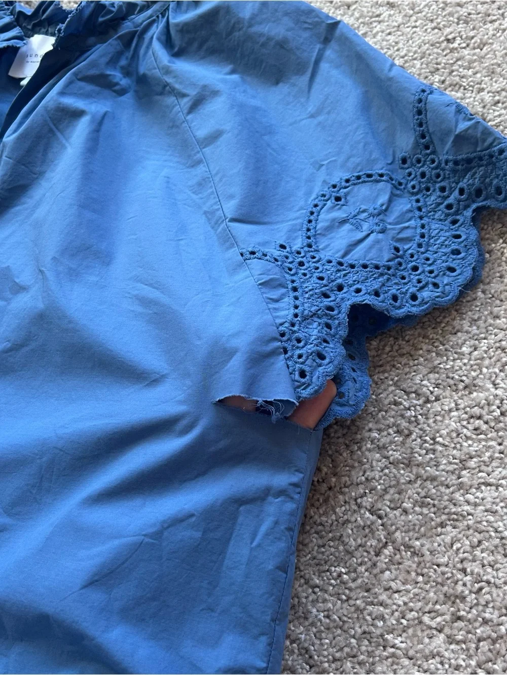 SUNDAYS Blue Eyelet Embroidered Ruffle Neck Top Small (AS IS Tear under arm)